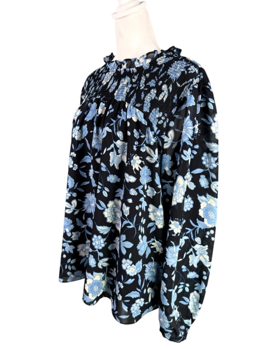 J Crew 3X Smocked Ruffle Neck Chiffon Popover Top Midnight Blue Floral Blouse - Picture 3 of 14